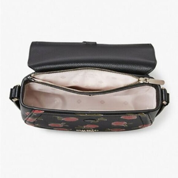 Kate Spade Knott Saddle Bag Black Ditsy Rose Crossbody Leather Floral Medium - Picture 10 of 13